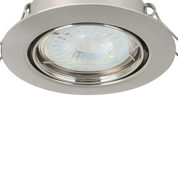 Eglo Einbauleuchten-Set MAZUBY - 5 W, Nickel-matt, Warmweiß - Nahaufnahme eines runden LED-Deckenspots in Silber mit federbelasteten Halteklammern. Ideal für moderne Innenräume.