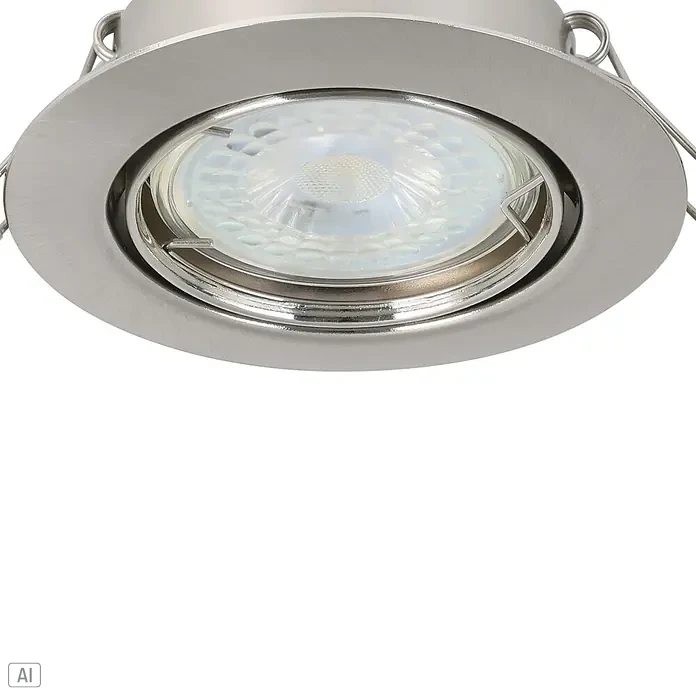Eglo Einbauleuchten-Set MAZUBY - 5 W, Nickel-matt, Warmweiß - Nahaufnahme eines runden LED-Deckenspots in Silber mit federbelasteten Halteklammern. Ideal für moderne Innenräume.