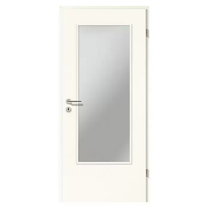 GetaDoor Laminit Zimmertür GL 223 LA - 860 x 2.110 mm, DIN Anschlag: Rechts, Weiß seidenmatt, Röhrenspan, Satiniertes Glas - Weiße Tür mit rechteckiger Milchglasscheibe und silbernem Griff.