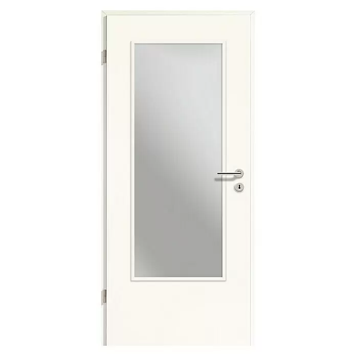 GetaDoor Laminit Zimmertür GL 223 LA - 860 x 2.110 mm, DIN Anschlag: Links, Weiß seidenmatt, Röhrenspan, Satiniertes Glas - Weiße Tür mit Milchglasfüllung und silbernem Griff.