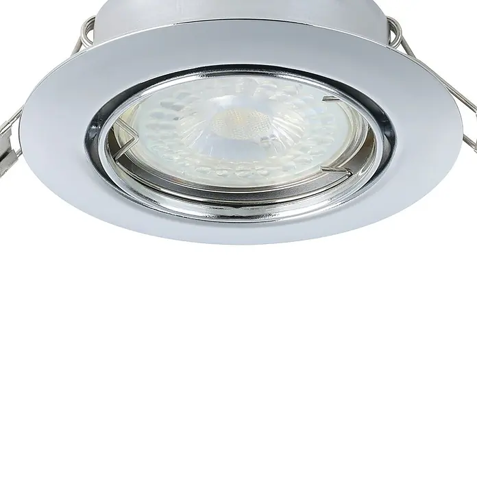 Eglo Einbauleuchten-Set MAZUBY - 5 W, Chrom, Warmweiß - Nahaufnahme einer runden, verchromten Einbauleuchte mit LED-Lampe. Die Lampe ist modern und energieeffizient.