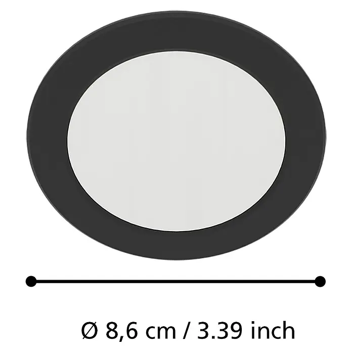 Eglo LED-Einbauleuchten-Set rund ABIUL - 3,2 W, Ø x H: 8,6 x 4 cm, Schwarz, RGBW - Abbildung eines runden, schwarzen LED-Deckeneinbaustrahlers mit weißem Diffusor und den Maßen Ø 8,6 cm / 3.39 inch.