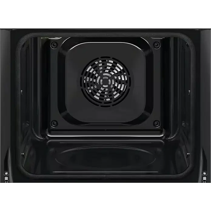 Electrolux Horno empotrado EOH4P56BX - Número de tipos de calentamiento: 9 ud., Volumen horno: 65 l - Vista interior de un horno negro con ventilador en la pared posterior para una distribución uniforme del calor.