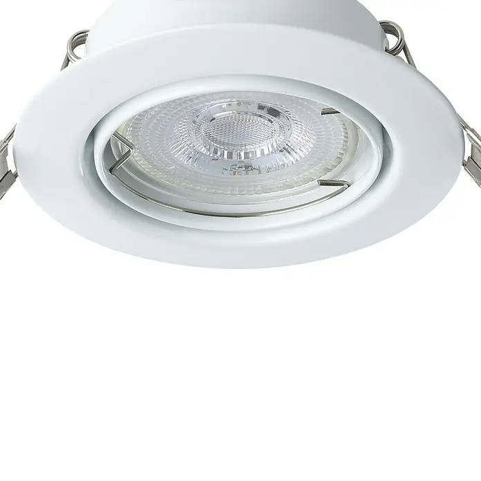 Eglo Einbauleuchten-Set MAZUBY - 5 W, Weiß, Warmweiß - Nahaufnahme einer weißen LED-Einbauleuchte mit silbernen Halteklammern und einem klaren, strukturierten Lichtverteiler.