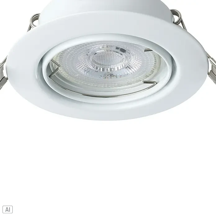 Eglo Einbauleuchten-Set MAZUBY - 5 W, Weiß, Warmweiß - Nahaufnahme einer weißen LED-Einbauleuchte mit silbernen Halteklammern und einem klaren, strukturierten Lichtverteiler.