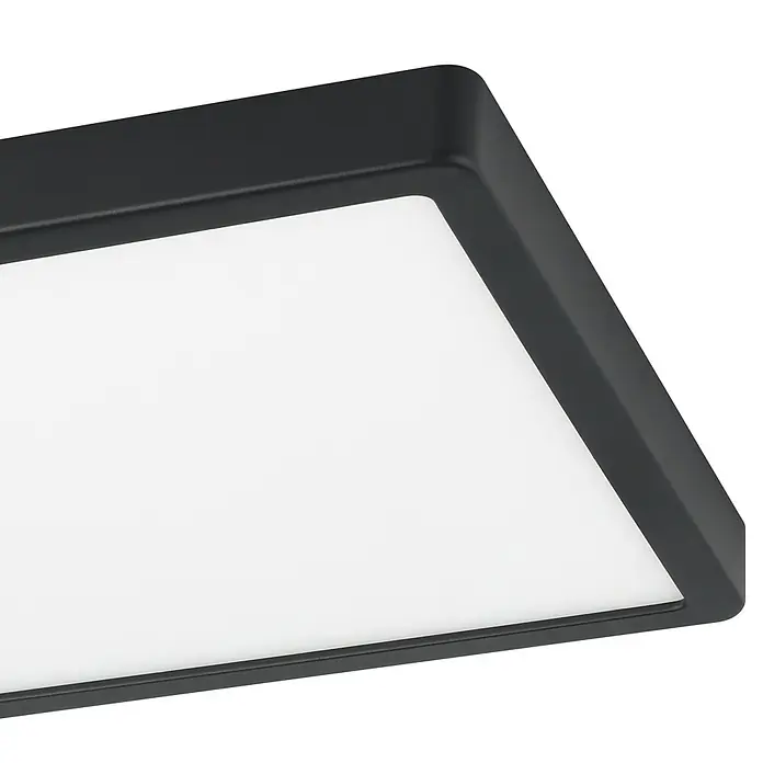 Eglo connect.z LED-Deckenleuchte FUEVA-Z eckig - 19,5 W, Schwarz, Eckig - Detailaufnahme einer modernen, quadratischen LED-Deckenleuchte mit schwarzem Rahmen und hellem, diffusem Lichtpanel.