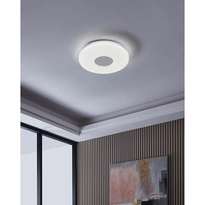 Eglo LED-Deckenleuchte rund LANCIANO-Z - 44,8 W, Ø x H: 560 mm x 8 cm, Weiß - Eine moderne, runde LED-Deckenleuchte mit einem Loch in der Mitte, die ein helles und gleichmäßiges Licht in den Raum wirft.