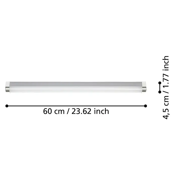 Eglo LED-Spiegelleuchte TRAGACETE 1 - 15,5 W, L x B x H: 60 x 4,5 x 4,5 cm, Chrom, Neutralweiß - Die Abmessungen einer LED-Leuchte mit 60 cm Länge und 4,5 cm Höhe sind in Zentimetern und Zoll angegeben.