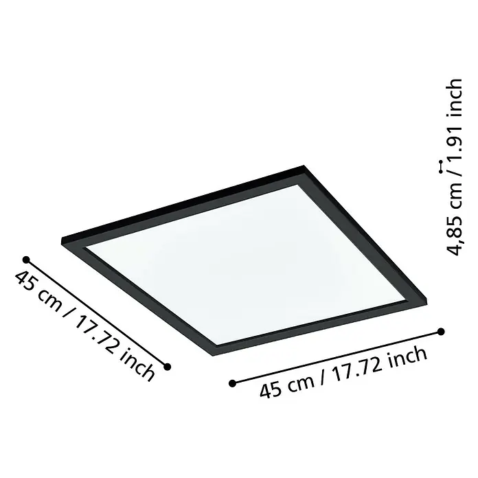 Eglo connect.z LED-Panel Salobrena - 21,5 W, L x B x H: 45 x 45 x 5 cm, Schwarz, Mehrfarbig - Produktbild einer quadratischen LED-Deckenleuchte in Schwarz mit den Maßen 45 x 45 x 4,85 cm.