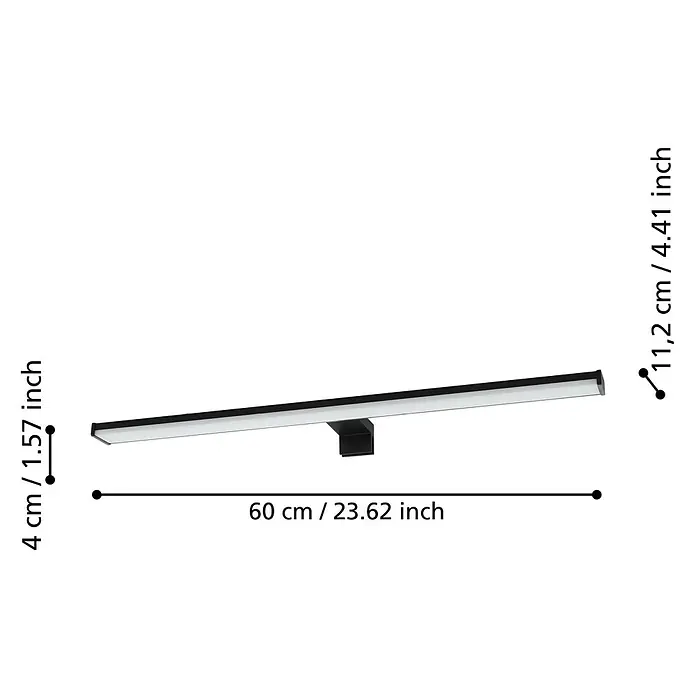 Eglo LED-Spiegelleuchte PANDELLA 2 - 11 W, L x B x H: 60 x 0 x 40 cm, Schwarz - Eine Abbildung der Abmessungen einer schwarzen, linearen LED-Wandleuchte, die einen eleganten Stil für eine moderne Badezimmerbeleuchtung bietet.