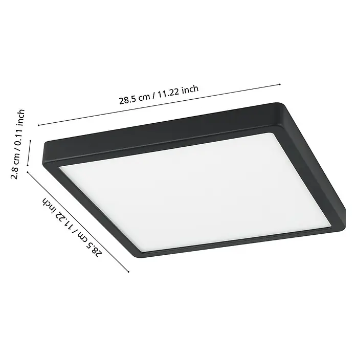 Eglo connect.z LED-Deckenleuchte FUEVA-Z eckig - 19,5 W, Schwarz, Eckig - Abbildung einer quadratischen, schwarzen Deckenleuchte mit weißen Paneelen und Maßangaben.
