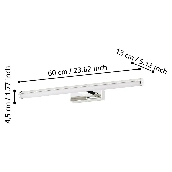 Eglo LED-Spiegelleuchte Vadumi - 11 W, L x B x H: 60 x 12,5 x 5 cm, Chrom, Neutralweiß - Produktbild einer LED-Spiegelleuchte mit Maßangaben von 60 cm Länge und 4,5 cm Durchmesser, ideal für Badezimmer.