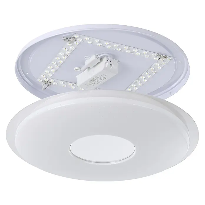 Eglo LED-Deckenleuchte rund LANCIANO-Z - 44,8 W, Ø x H: 560 mm x 8 cm, Weiß - Nahaufnahme einer modernen, runden LED-Deckenleuchte mit weißem Gehäuse und integrierten LED-Leuchtmitteln für eine energieeffiziente Beleuchtung.