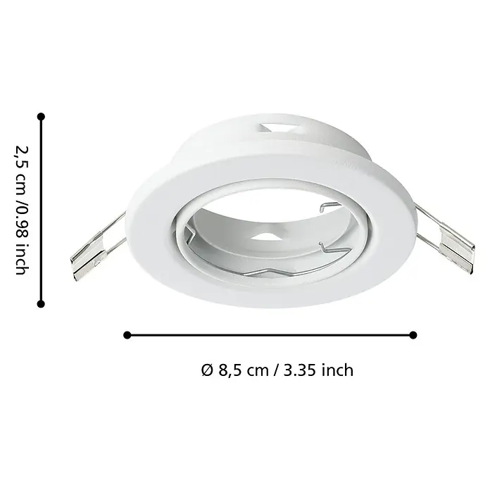 Eglo Einbauleuchten-Set AGULO 1 - 105 W, Ø x H: 8,5 x 2,5 cm, Weiß - Abbildung eines weißen LED-Einbaurahmens mit den Maßen 8,5 cm Durchmesser und 2,5 cm Höhe.