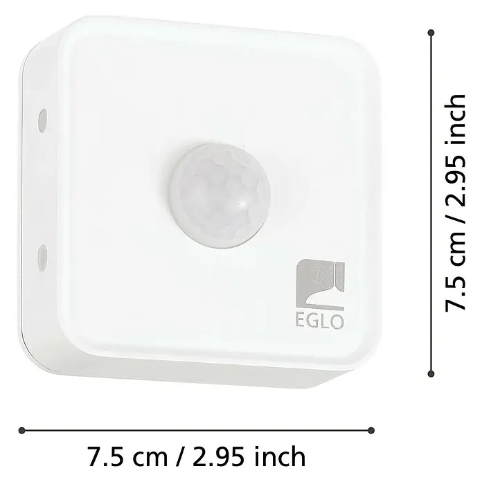 Eglo Connect LED-Lampe - Ausstrahlungswinkel: 120 °, IP44, 7,5 x 7 x 7,5 cm - Produktbild eines weißen EGLO Bewegungssensors mit Größenangabe. Das Gerät ist quadratisch mit einer kugelförmigen Sensorlinse.