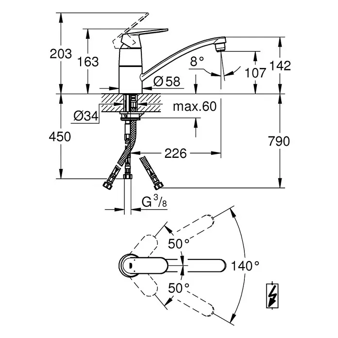 Grohe Eurosmart Cosmopolitan Spültischarmatur - Niederdruck, Chrom, Glänzend - Technische Zeichnung einer Armatur mit Bemaßungen für Installation und Nutzung, inklusive Durchmesser und Winkelangaben.