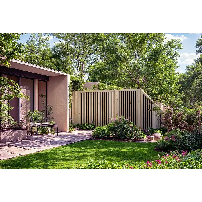 Joda Sichtschutzelement Malmö - 180 x 180 cm, Holz, Natur/ Schwarz - Eine moderne Gartengestaltung mit einem hellen Holzzaun, der durch schlichte Eleganz besticht und Privatsphäre schafft. Der Garten lädt zum Verweilen ein.