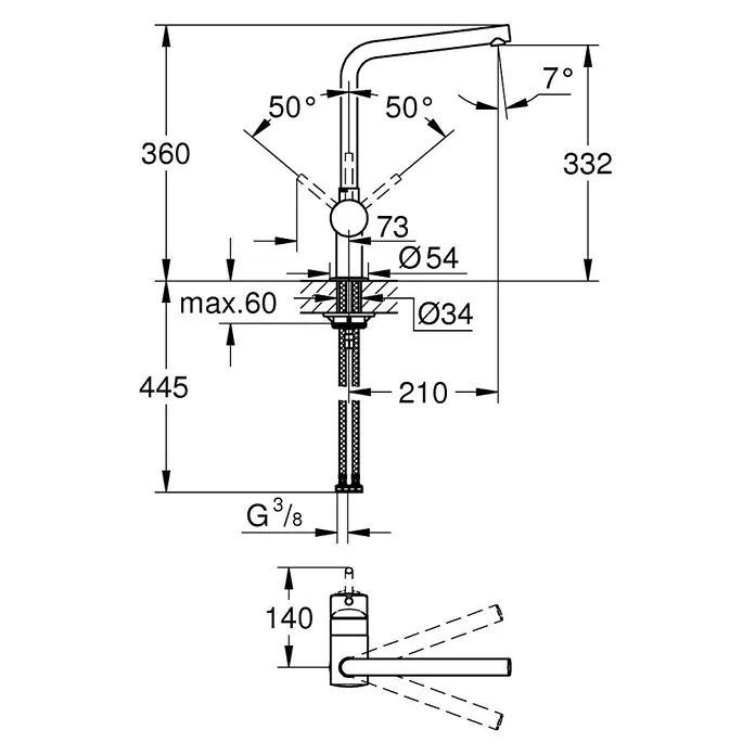 Grohe Spültischarmatur Minta - L-Auslauf, Chrom, Glänzend, Schwenkbar - Technische Zeichnung einer Armatur mit Maßangaben zu Höhe, Ausladung und Durchmesser verschiedener Teile.