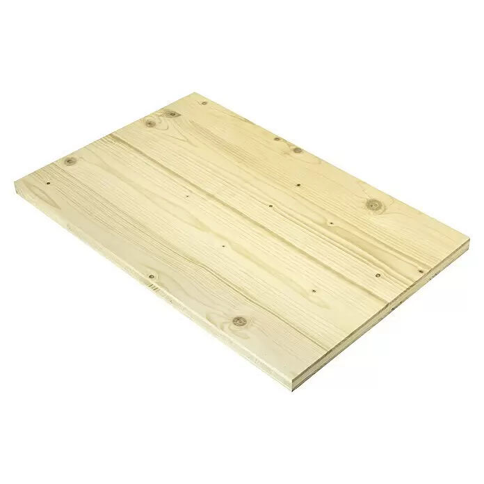 elka 3-Schichtplatte Vita - Fichte, 2.500 x 1.015 x 19 mm - Helles Holzbrett aus verbundenen Brettern mit sichtbarer Maserung und Schrauben.