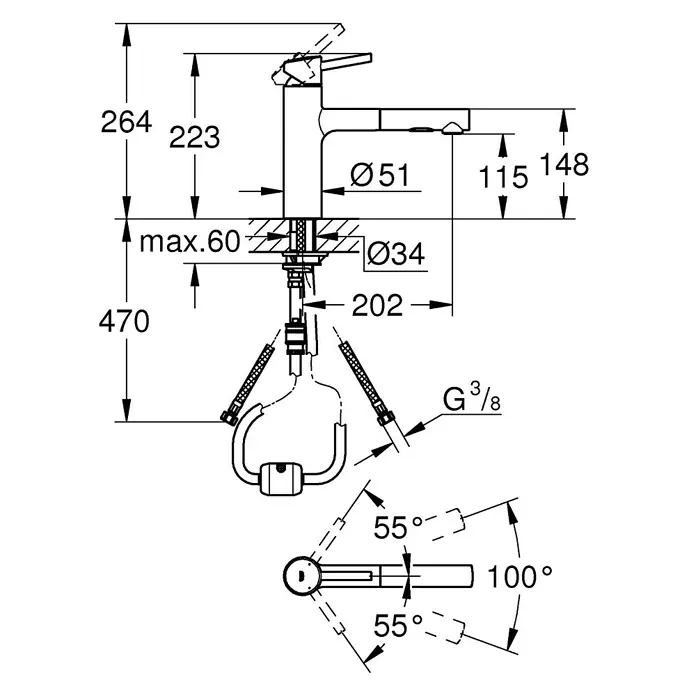Grohe Concetto Spültischarmatur - Chrom, Glänzend, Anzahl Strahlarten: 2 Stk. - Technische Zeichnung einer Armatur mit Maßangaben für Installation und Design.