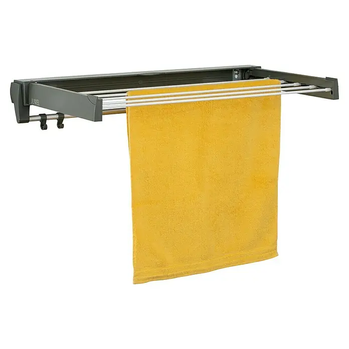 Juwel Wandwäschetrockner ARTDRY 70 - Länge Wäscheleine: 4 m, 75,5 cm, Farbe: Schwarz - Wandtrockner von JUWEL mit gelbem Handtuch. Ideal für Bad & Balkon, platzsparend, ausziehbar.