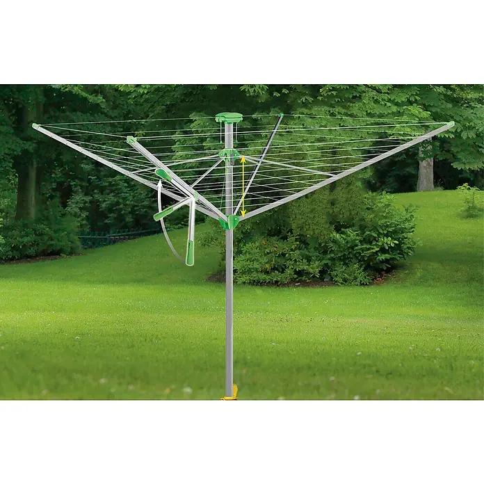 Juwel Wäschespinne Novaplus 600 Lift - Länge Wäscheleine: 51 m, Geeignet für Anzahl Waschmaschinenfüllungen: 5 Stk. - 6 Stk. - Wäschespinne mit grünen Akzenten auf einer grünen Wiese.