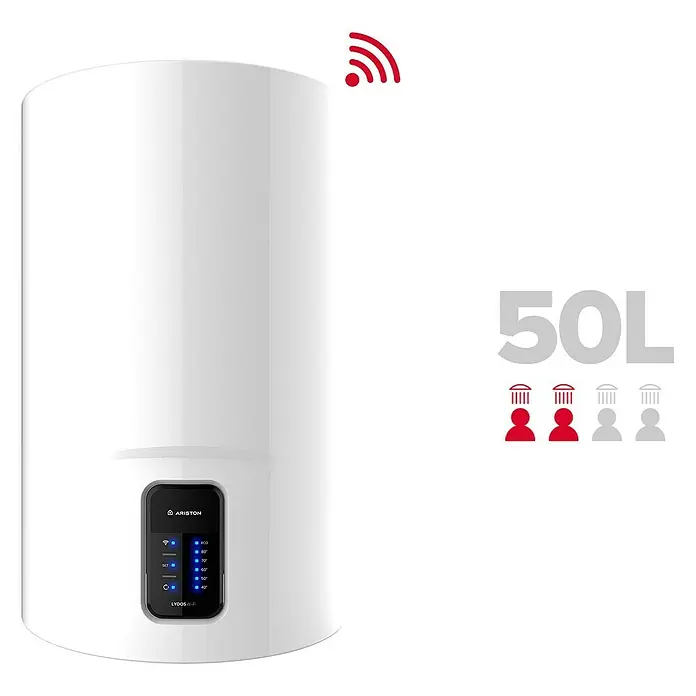 Ariston Termo eléctrico Lydos WIFI - 50 l, 1.500 W, Montaje en la pared - Imagen de un calentador de agua Ariston Lyods WiFi 50L, blanco y cilíndrico, con un símbolo WiFi rojo.