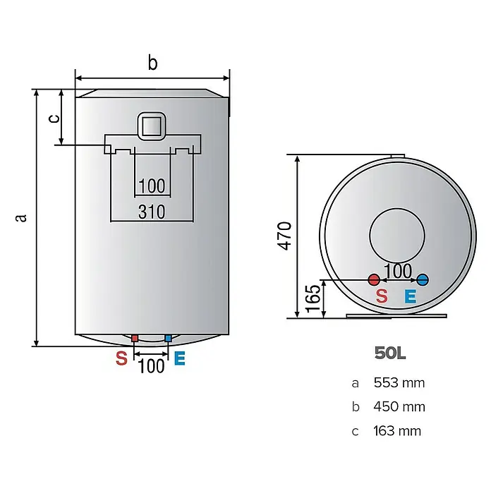 Ariston Termo eléctrico Lydos WIFI - 50 l, 1.500 W, Montaje en la pared - Imagen de un calentador de agua de 50 litros con dimensiones de altura, anchura y conexiones.