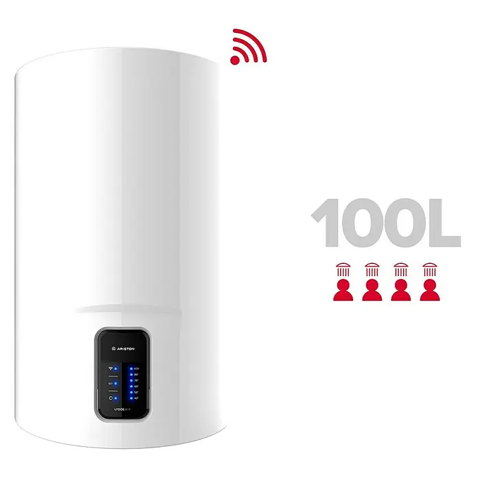 Ariston Termo eléctrico Lydos WIFI - 100 l, 1.500 W, Montaje en la pared - Vista del producto del calentador de agua Ariston LYDOS WiFi con capacidad de 100 litros y función WiFi.