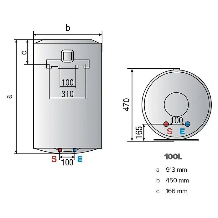 Ariston Termo eléctrico Lydos WIFI - 100 l, 1.500 W, Montaje en la pared - Diagrama de un calentador de agua de 100L con dimensiones de altura, anchura y conexiones.