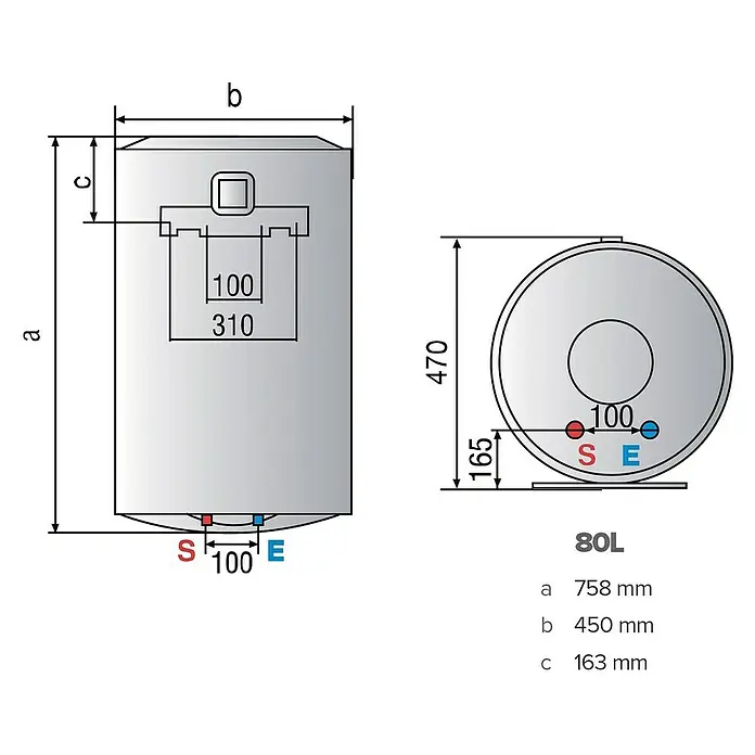 Ariston Termo eléctrico Lydos WIFI - 80 l, 1.500 W, Montaje en la pared - Diagrama de un calentador de agua de 80L, que muestra las medidas.