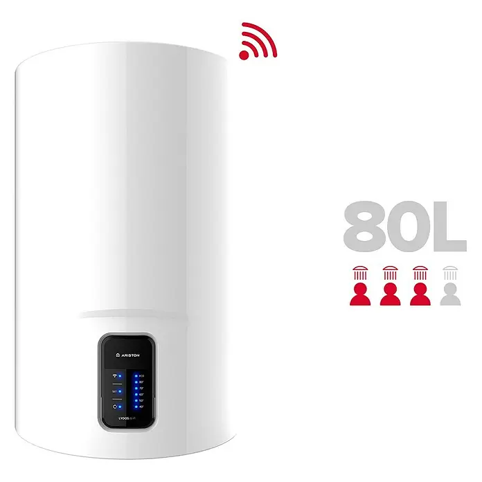 Ariston Termo eléctrico Lydos WIFI - 80 l, 1.500 W, Montaje en la pared - Representación de un calentador de agua Ariston Lydos Wifi con una capacidad de 80 litros, ideal para uso doméstico.