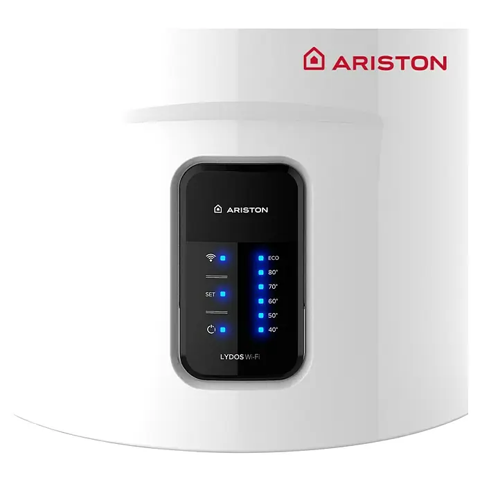 Ariston Termo eléctrico Lydos WIFI - 50 l, 1.500 W, Montaje en la pared - Primer plano de un calentador de agua Ariston LYDOS Wi-Fi, con controles digitales para ajustar la temperatura.