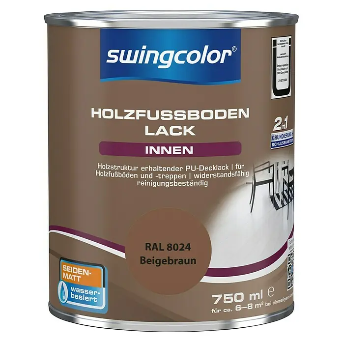 swingcolor 2in1 Fußbodenlack RAL 8024 - Beigebraun, Seidenmatt, 750 ml, Wasserbasiert - Abbildung einer Dose Swingcolor Holzfußbodenlack in Beigebraun (RAL 8024), 750 ml, für den Innenbereich. Seidenmatt, wasserbasiert und reinigungsbeständig.
