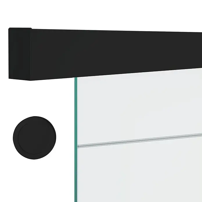 Diamond Doors Schiebetür-Komplettset Jubidoor 6.1 Premium - 935 x 2.058 mm, Schwarz, Einscheibensicherheitsglas (ESG) - Nahaufnahme eines modernen Duschpaneels mit schwarzem Rahmen und Griff, das elegante Design und hochwertige Verarbeitung zeigt.
