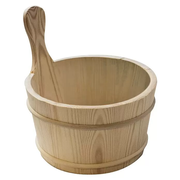 Aufgusseimer E - Holz, 5 l - Hellbrauner Holzeimer mit integriertem Griff, oft für Saunen verwendet.