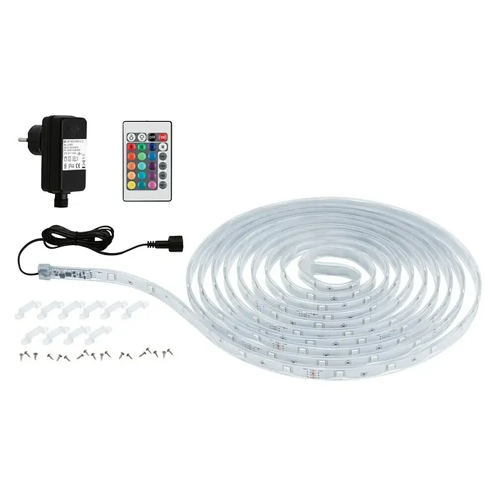Paulmann SimpLED LED-Band-Set Outdoor RGB - Länge: 500 cm, Lichtfarbe: RGB, 15 W, 227 lm, 230 V - LED-Lichterkette mit Fernbedienung, Netzteil und Montageclips für eine flexible und stimmungsvolle Beleuchtung.