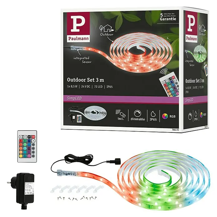 Paulmann SimpLED LED-Band-Set Outdoor RGB - Länge: 300 cm, Lichtfarbe: RGB, 11 W, 157 lm, 230 V - Paulmann Outdoor Set 3m: LED-Streifen für den Außenbereich mit Farbwechsel, Fernbedienung und Dimmfunktion für stimmungsvolle Beleuchtung.