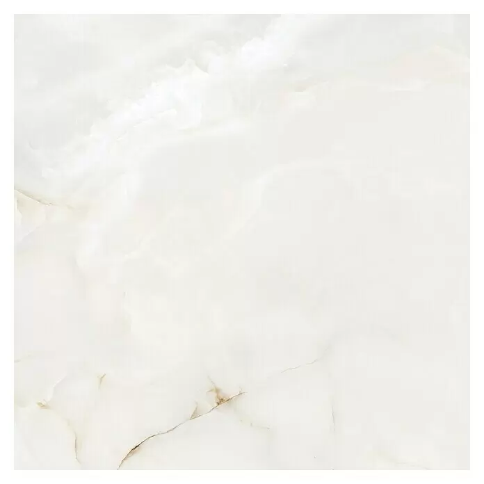 Feinsteinzeugfliese Onyx - 120 x 120 cm, Weiß, Glänzend - Weiße Fliese in Marmoroptik mit subtiler brauner Äderung.