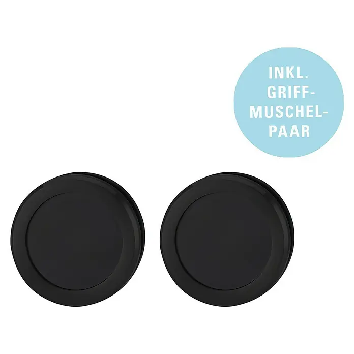 Diamond Doors Schiebetür-Komplettset Jubidoor 6.1 Premium - 935 x 2.058 mm, Schwarz, Einscheibensicherheitsglas (ESG) - Abbildung von zwei schwarzen Griffmuscheln inklusive dem Griffmuschel-Paar. Elegante Accessoires für moderne Türen und Möbel.