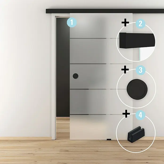 Diamond Doors Schiebetür-Komplettset Jubidoor 6.1 Premium - 935 x 2.058 mm, Schwarz, Einscheibensicherheitsglas (ESG) - Details einer Glasschiebetür mit Griff und Bodenführung, die modernes Design und Funktionalität vereint.