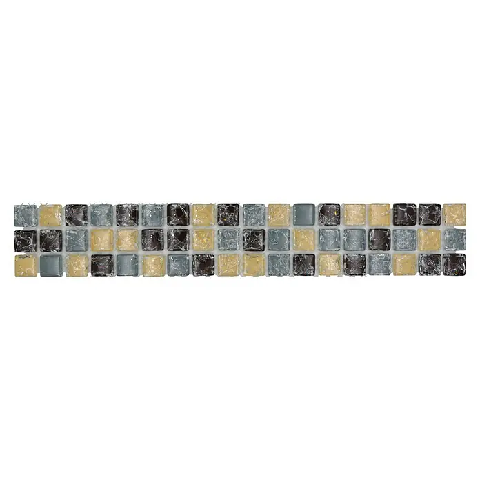 Fliesenbordüre YBO 1088 - 30 x 4,8 cm, Mix Blau/Beige/Braun, Glänzend - Nahaufnahme einer Glasmosaikfliese in Gold, Grau und Schwarz, die ein elegantes und schimmerndes Finish für jeden Raum bietet.