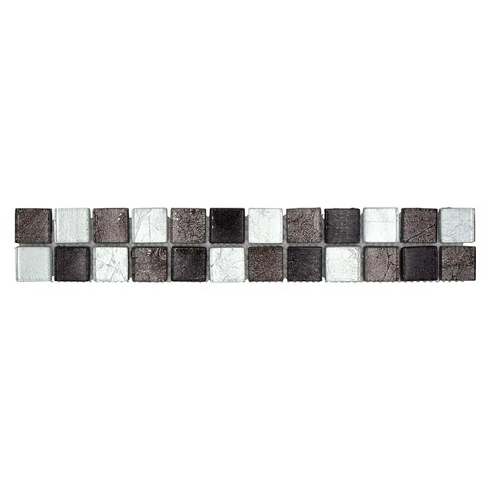 Fliesenbordüre Struktur YBO 8BS18 - 30 x 4,8 cm, Mix Silber/Schwarz, Glänzend - Ein Mosaik aus weißen, braunen und grauen Glasfliesen, die ein Schachbrettmuster bilden. Ideal für Küche und Bad.