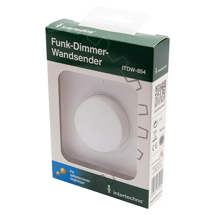 Intertechno Funk-Wandsender Drehdimmer-Schalter - Reichweite ca.: 30 m - Verpackung eines Intertechno Funk-Dimmer-Wandsenders ITDW-854 für selbstlernende Empfänger, ideal zur Steuerung von Beleuchtung.