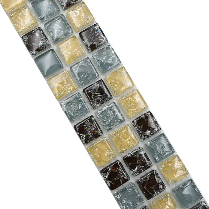 Fliesenbordüre YBO 1088 - 30 x 4,8 cm, Mix Blau/Beige/Braun, Glänzend - Nahaufnahme der bunten Mosaikfliesen mit quadratischem Muster in Braun-, Gelb- und Grautönen. Ideal für auffällige Akzente.