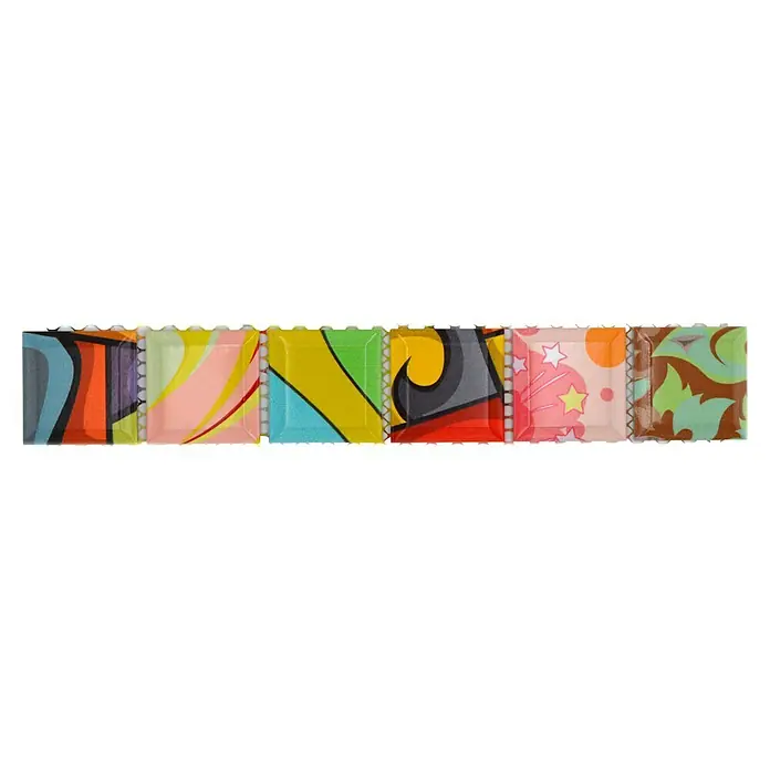 Fliesenbordüre YBO ART - 4,5 x 28,8 cm, Bunt, Glänzend - Die bunten, perforierten LSD Blotter zeigen Graffiti- und Sternenmuster und sind ein echter Hingucker.