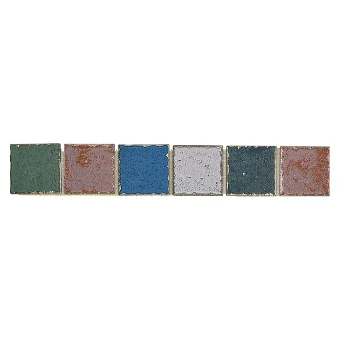 Fliesenbordüre Orient Color YBO CDCUBIS - 5 x 31,6 cm, Bunt, Matt - Nahaufnahme von quadratischen Farbfeldern, die verschiedene Farbtöne zeigen, umgeben von metallischen Rahmen.