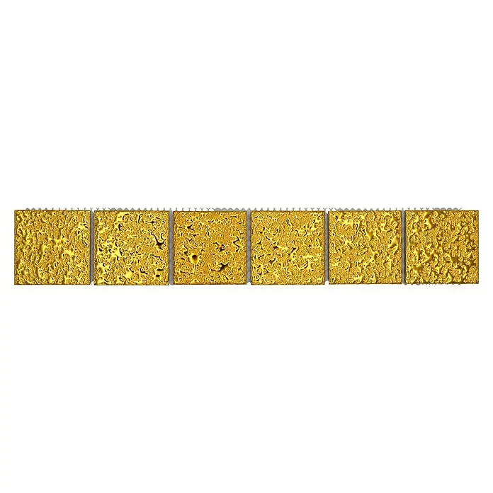 Fliesenbordüre Gehämmert YBO GO484 - 4,8 x 30,6 cm, Gold, Glänzend - Bild von sechs Goldbarren mit detaillierter Textur, die Luxus und Reichtum vermitteln. Perfekt für Finanz- oder Investitionsthemen.