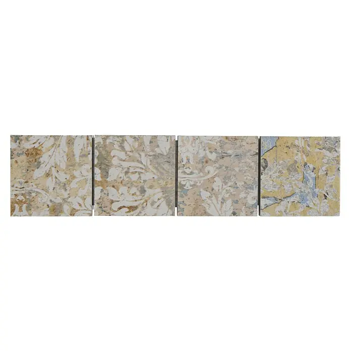 Fliesenbordüre YBO CS71MLC - 29 x 7,1 cm, Bunt, Matt - Nahaufnahme von vier Vintage-Fliesen mit floralen und abgenutzten Mustern, ideal für dekorative Akzente.