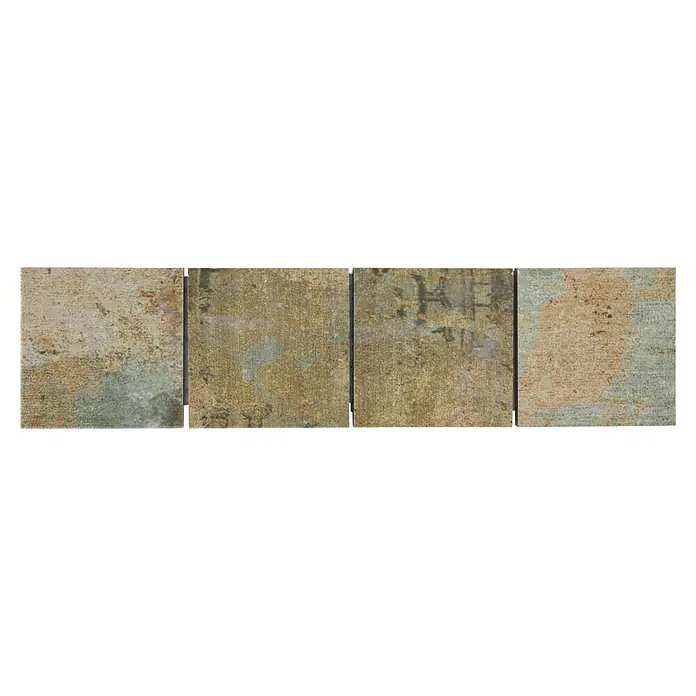 Fliesenbordüre YBO CB71BBG - 29 x 7,1 cm, Mix Beige/Braun/Grün, Matt - Nahaufnahme von vier braunen Keramikfliesen mit einzigartigen Texturen, die eine rustikale und Vintage-Ästhetik erzeugen.